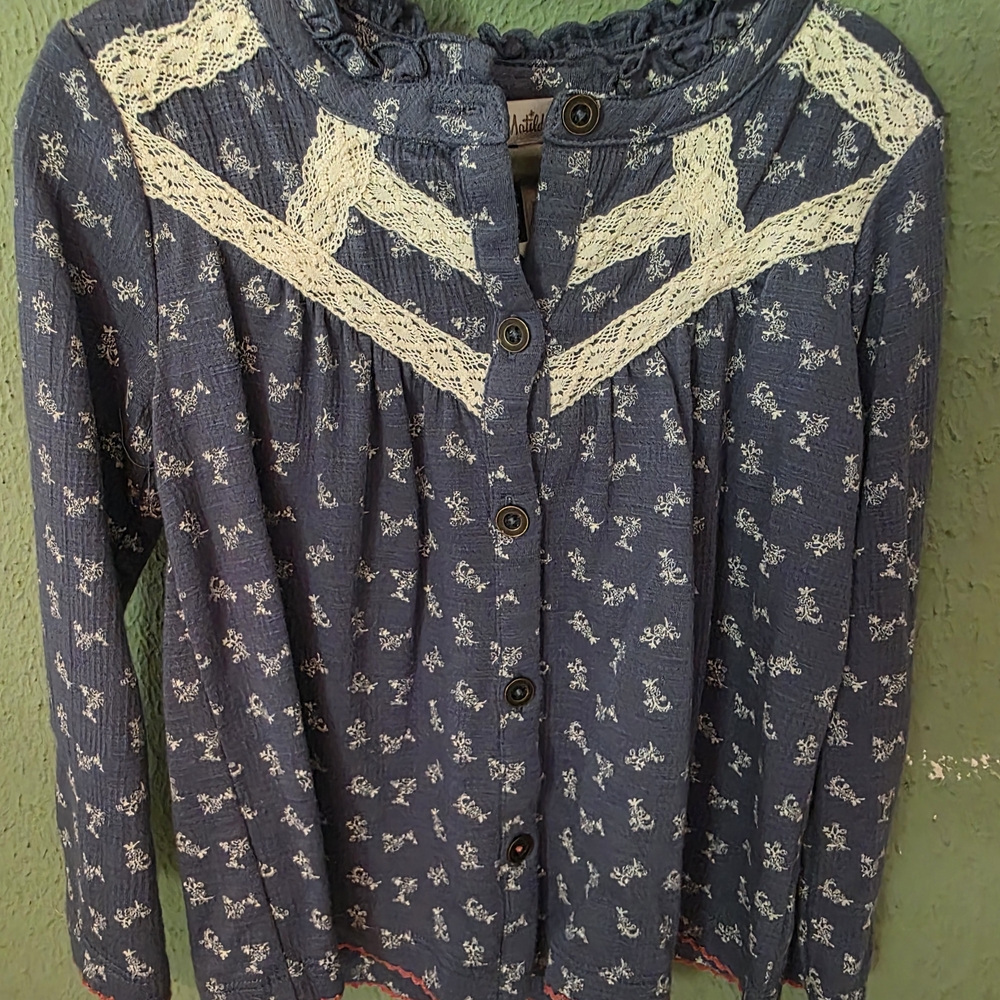 Blue Button-Up Blouse with Lace Detail